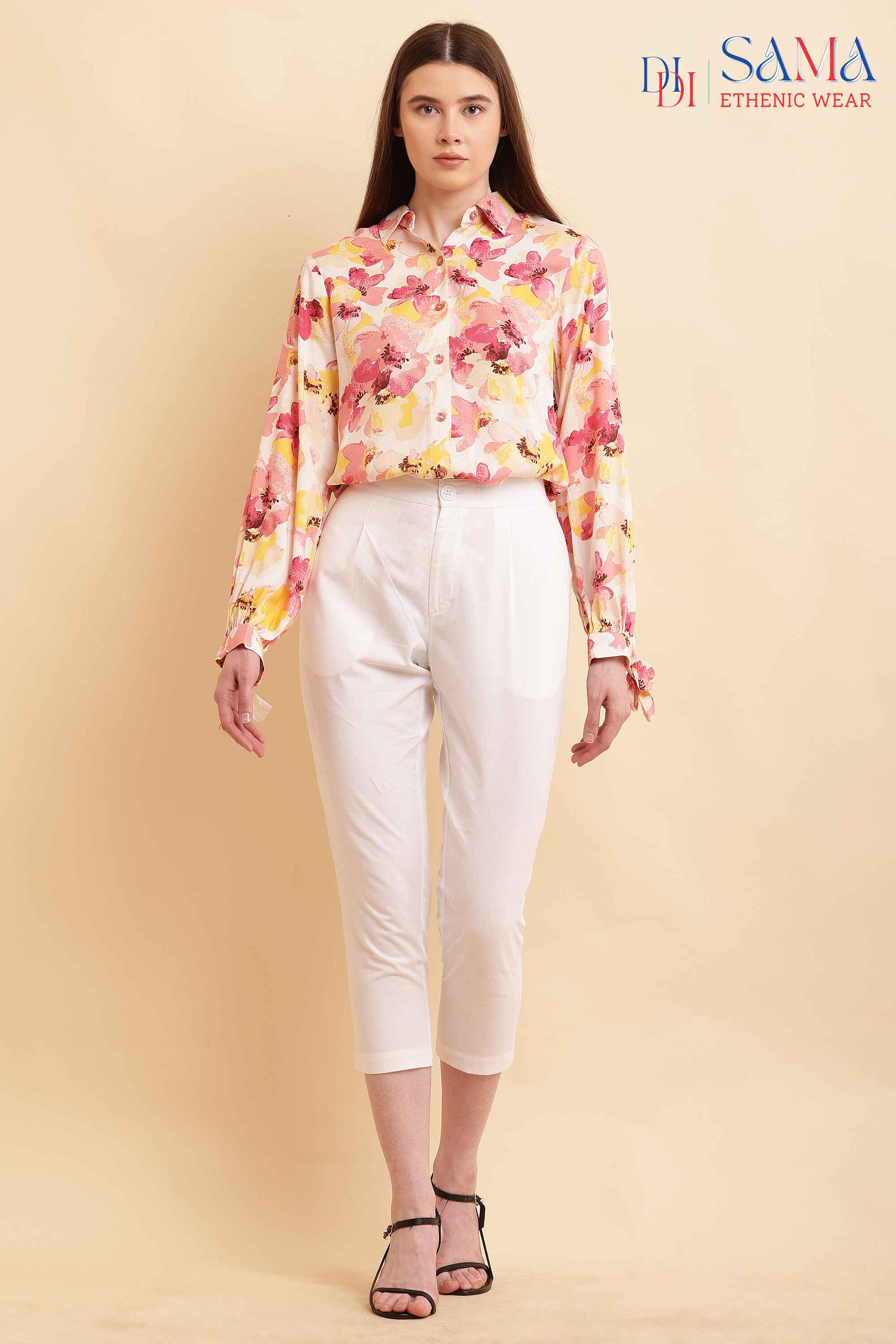 Designer Floral Printed Shirt with White Pant Set