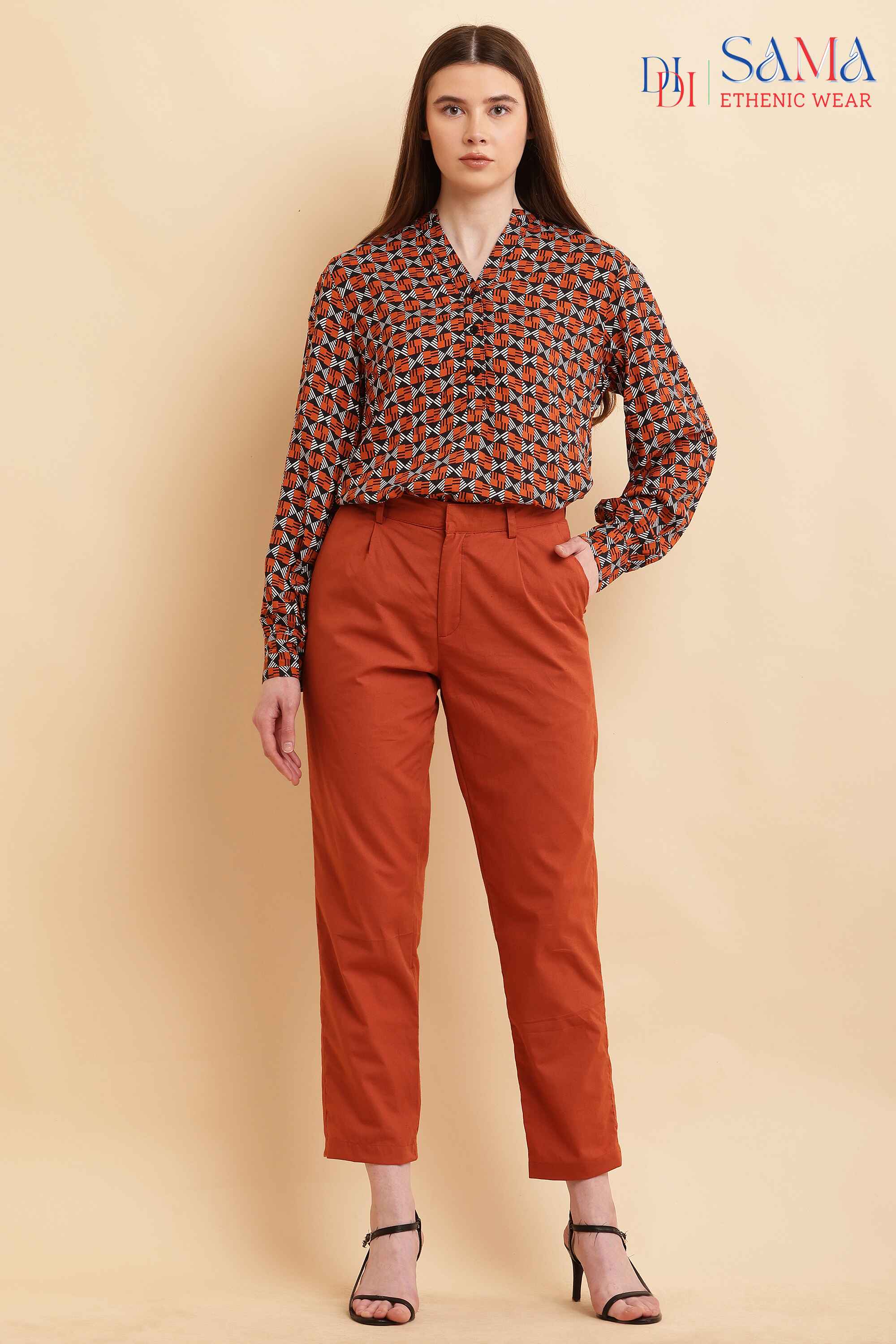 Designer V-Neck Geometric Printed Shirt with Cotton Orange Pant Set