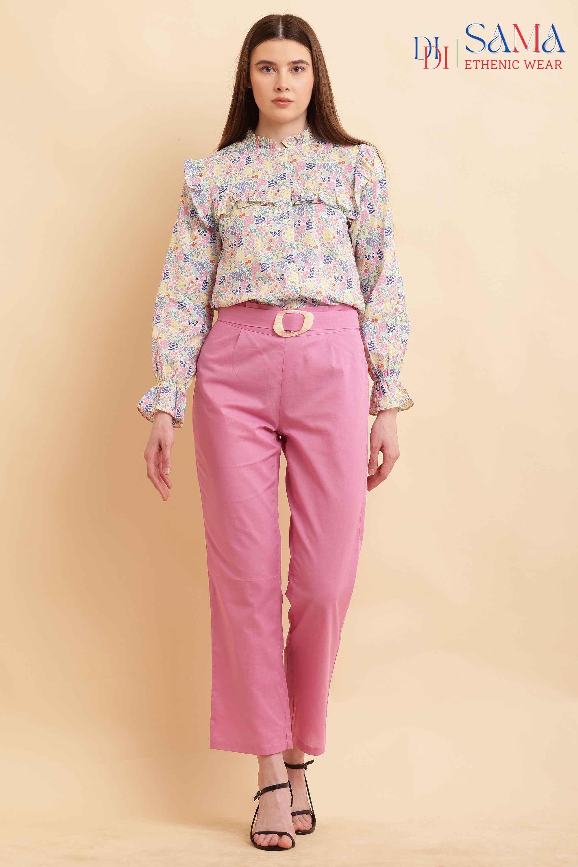 Designer Ruffle Printed Shirt with Belted Pink Pant 