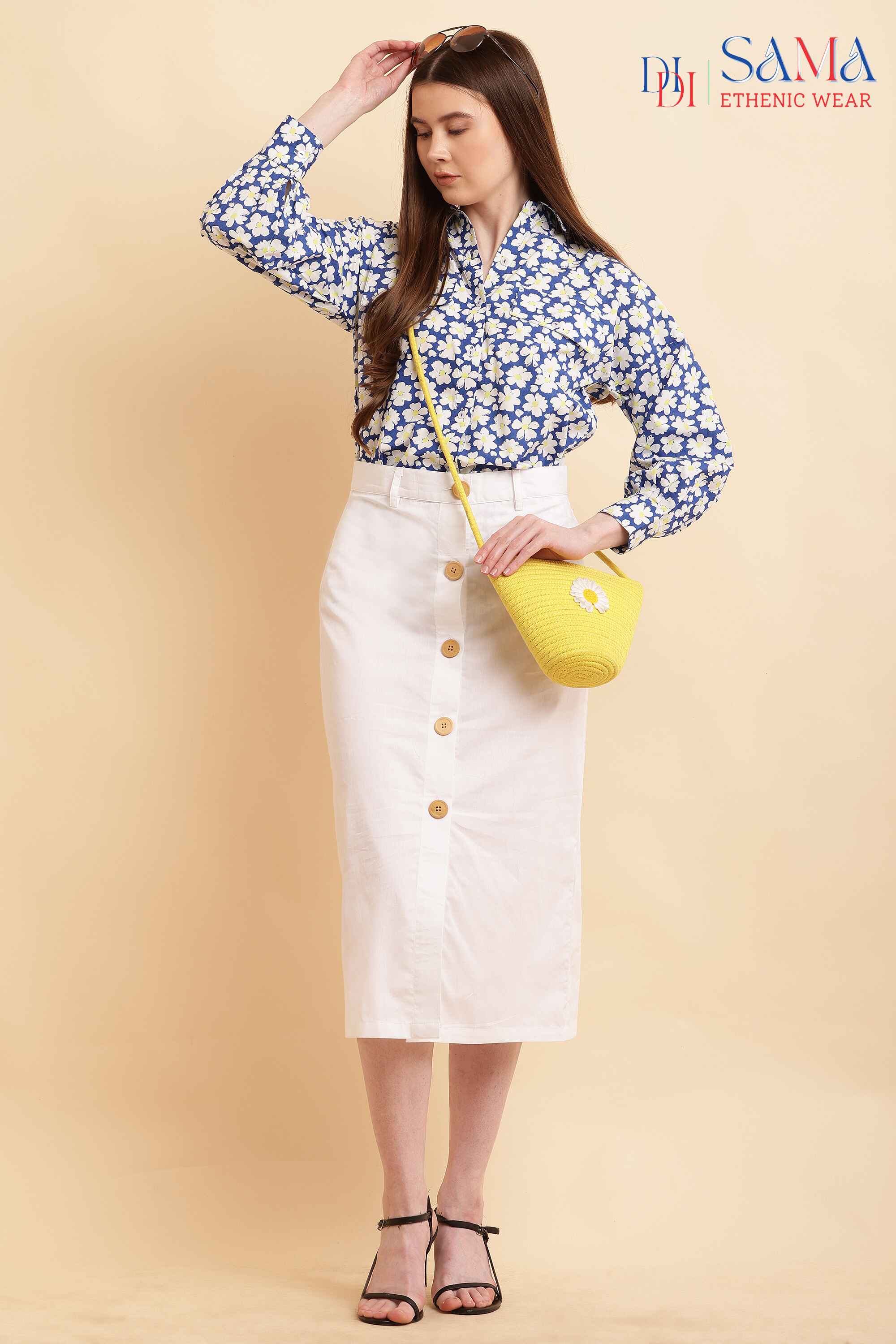 Designer Lapel Collar Shirt with White Skirt Set