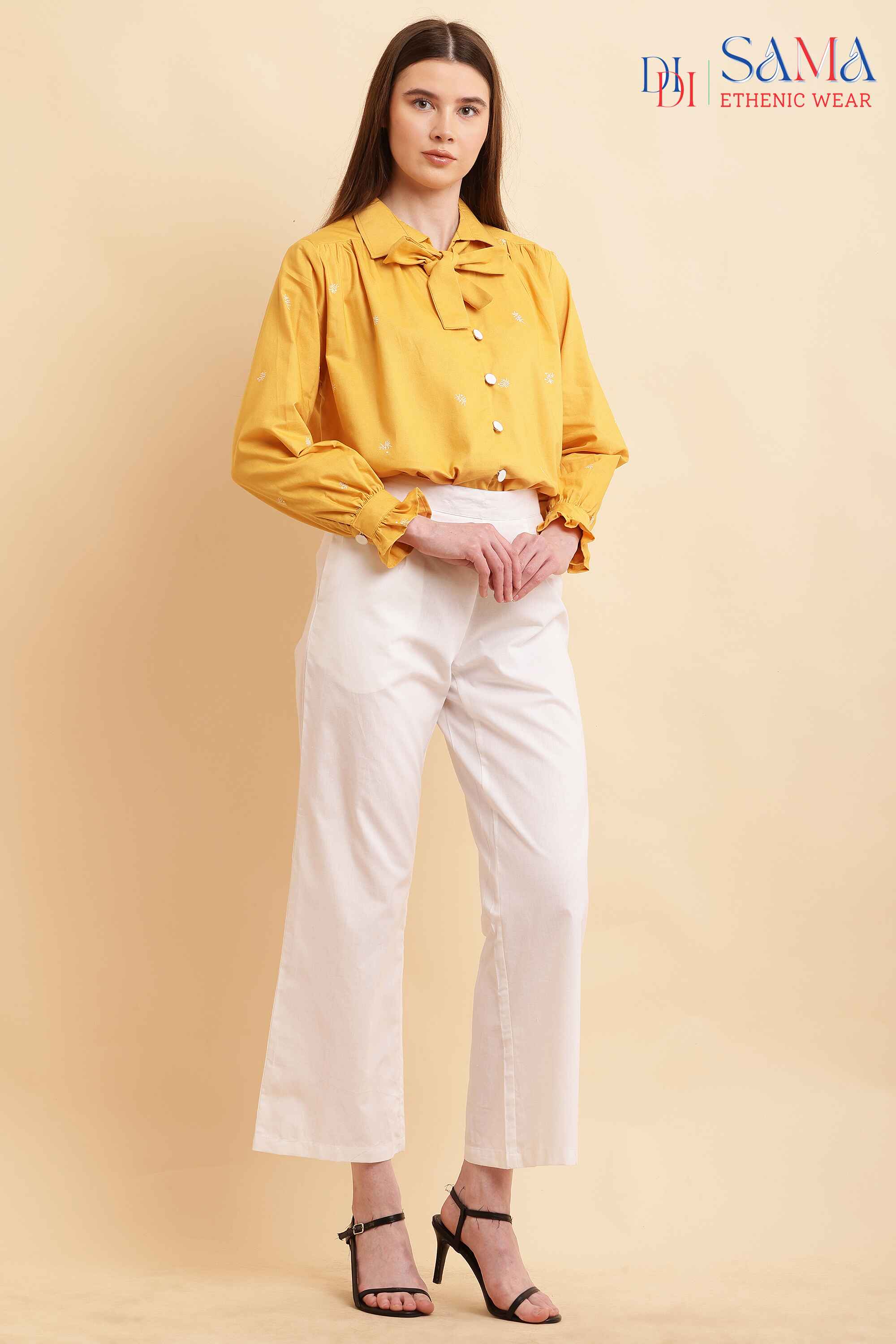 Designer Mustard Woven Shirt With White Pant Set