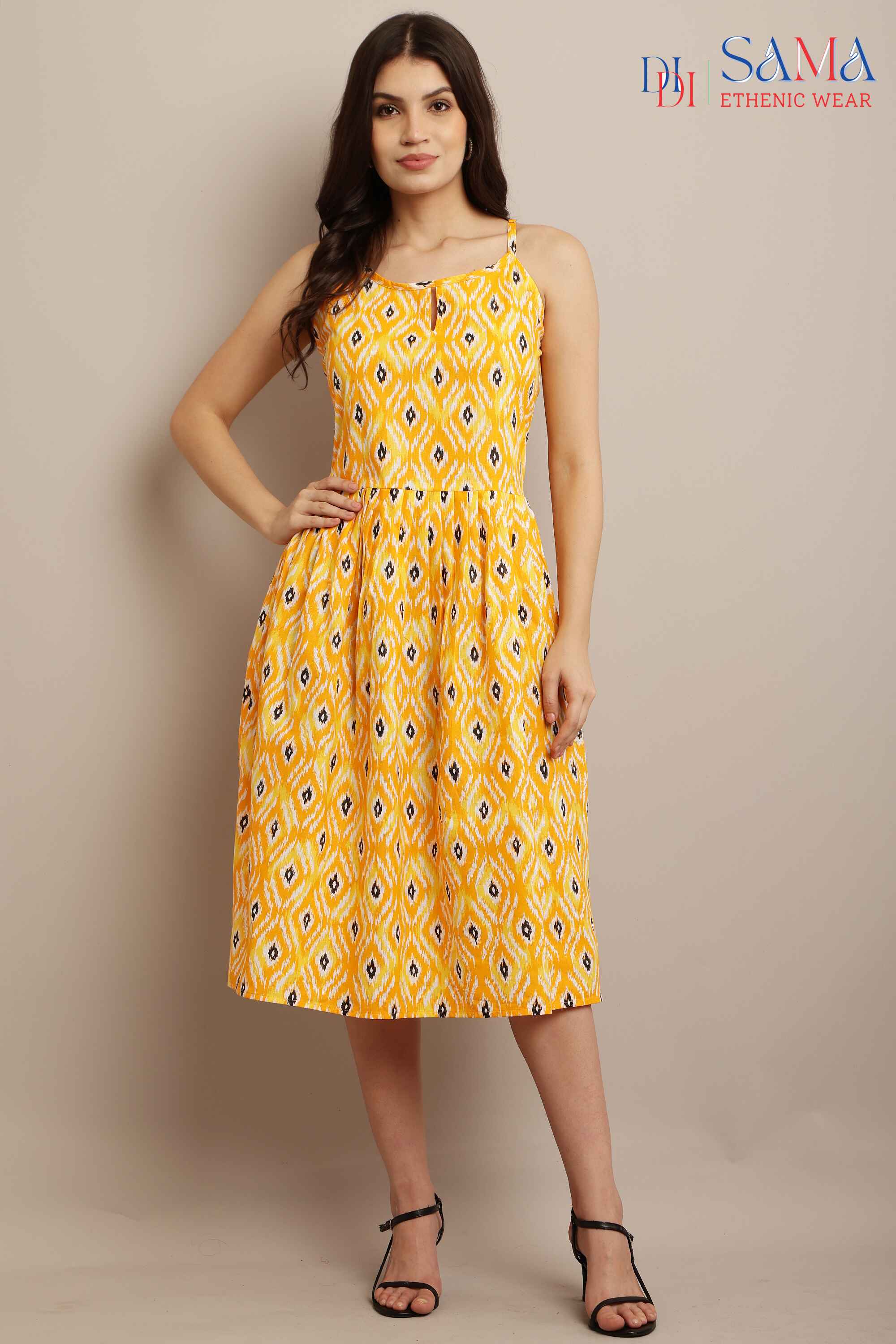 Sleeveless Printed Cotton Kurti Yellow