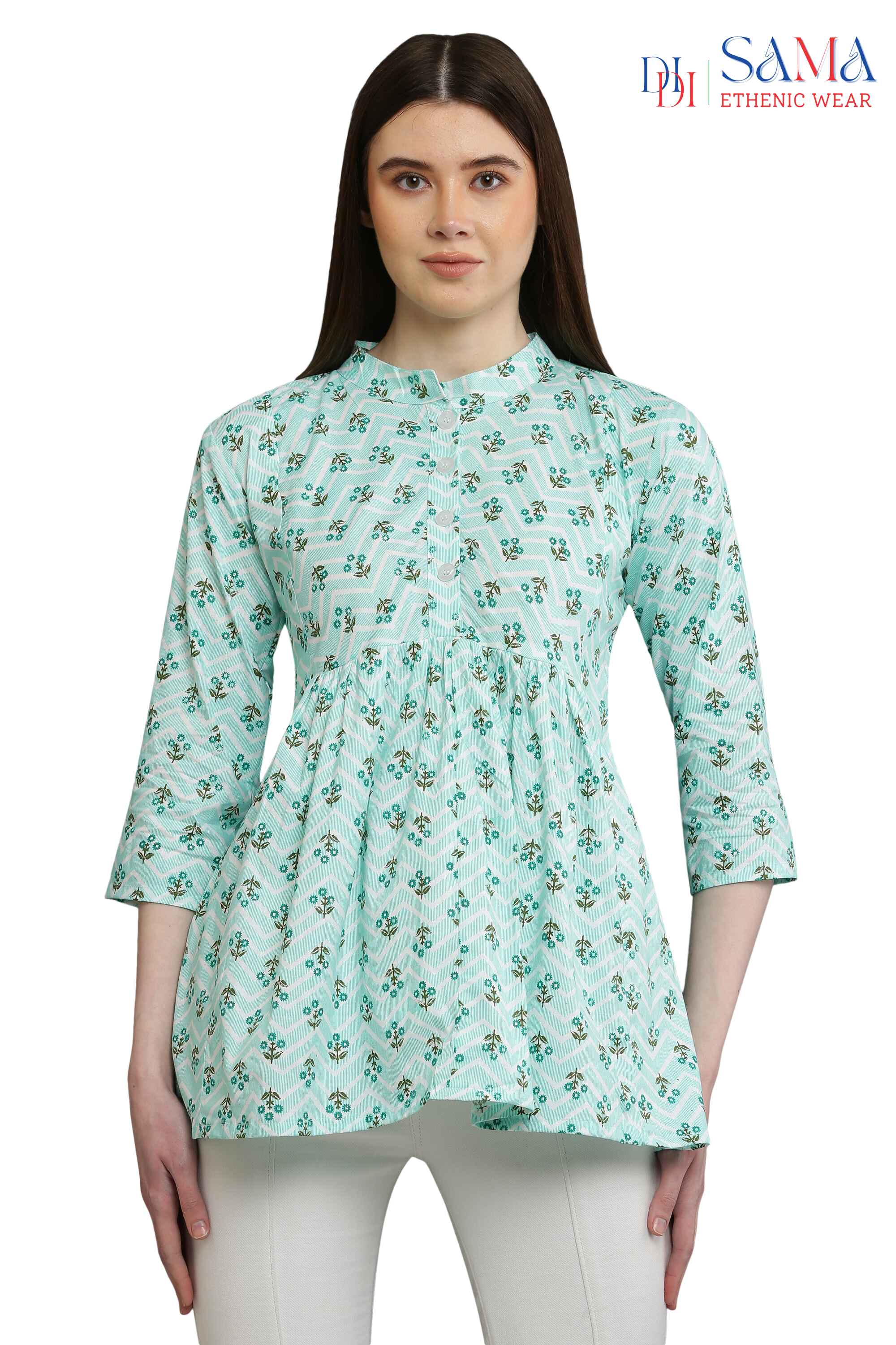 Top Floral Geometric Print Green