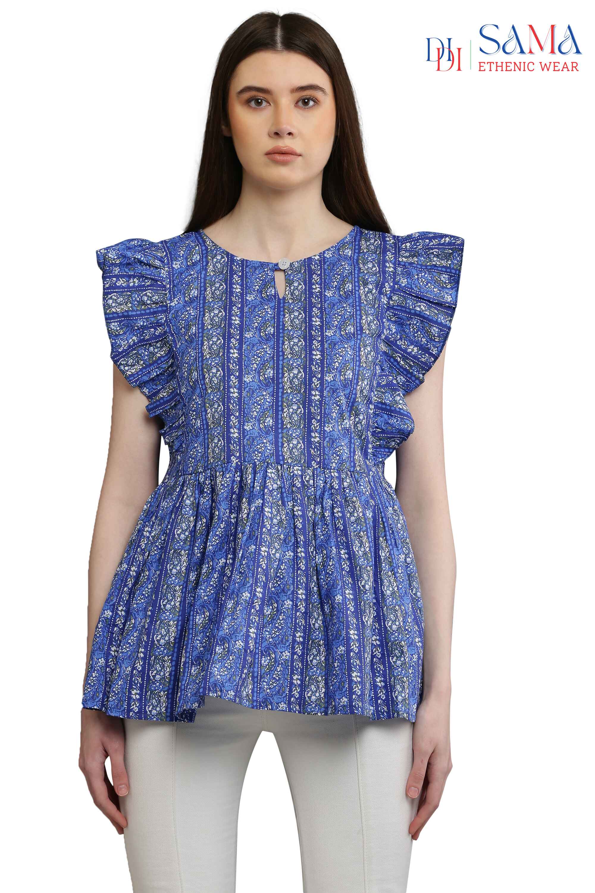 Top Floral Stripe Print Blue 