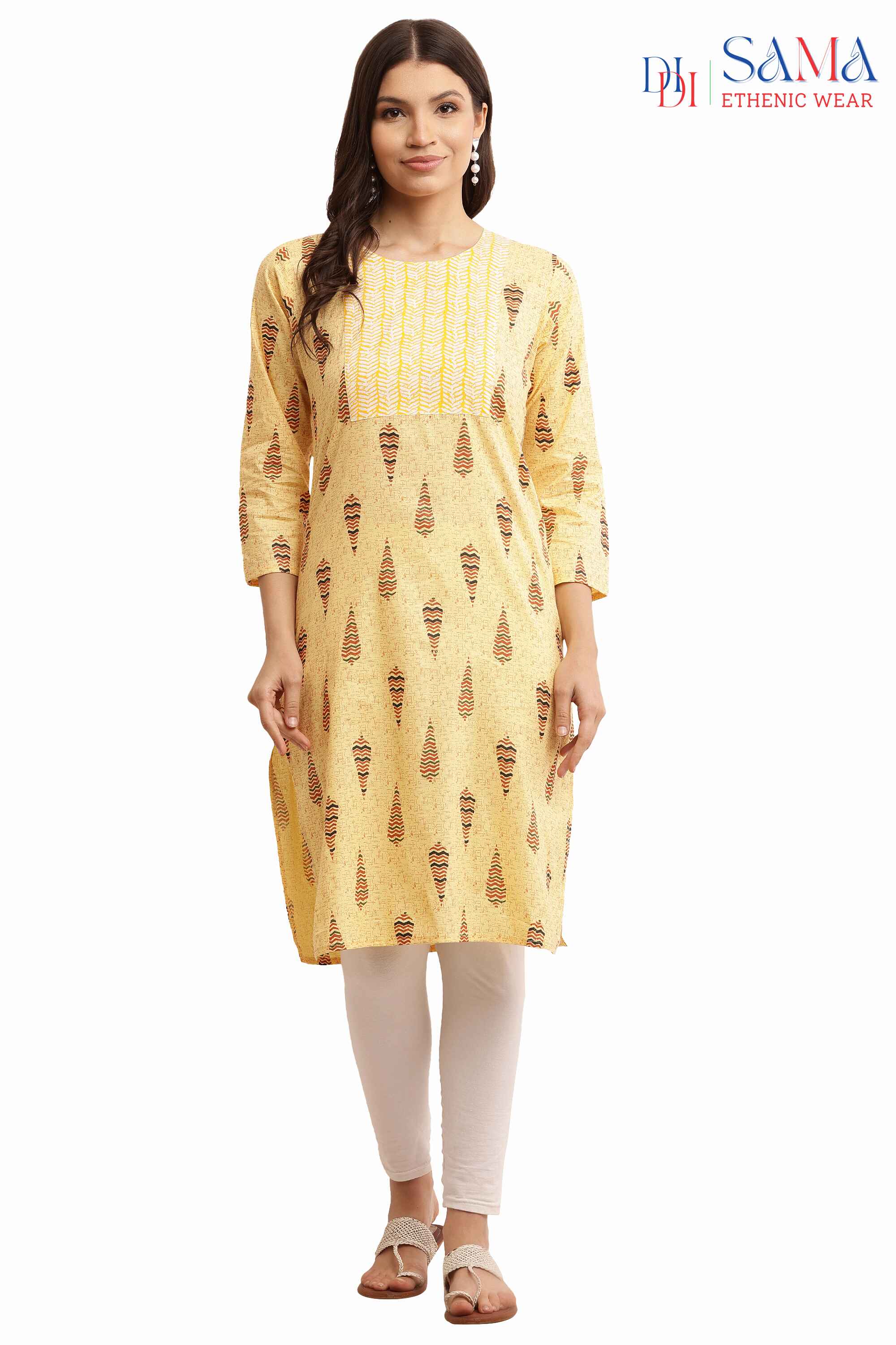 Designer Block Printed Cotton Kurti Yellow