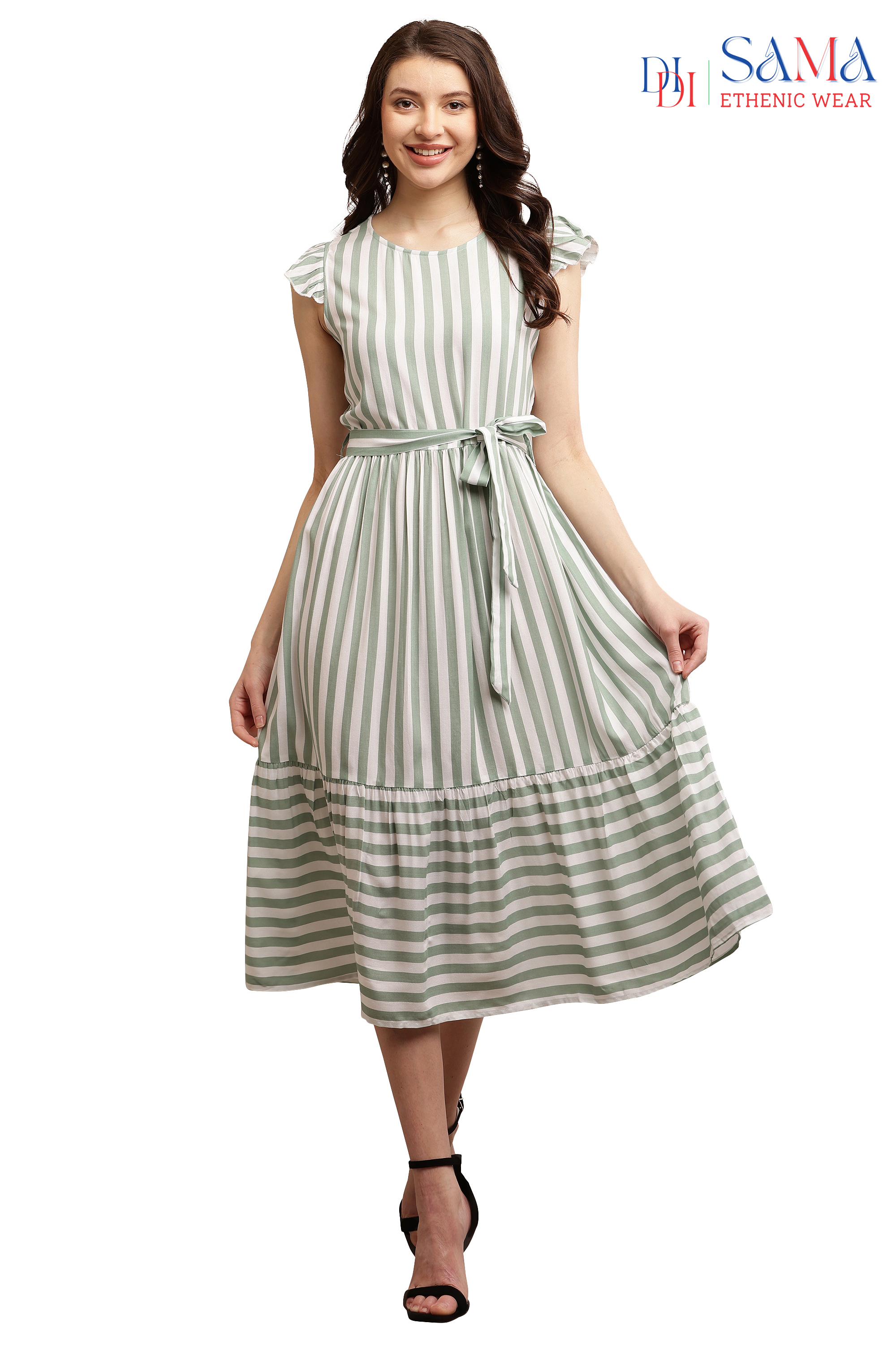 A-line Green Beige Western Dress 