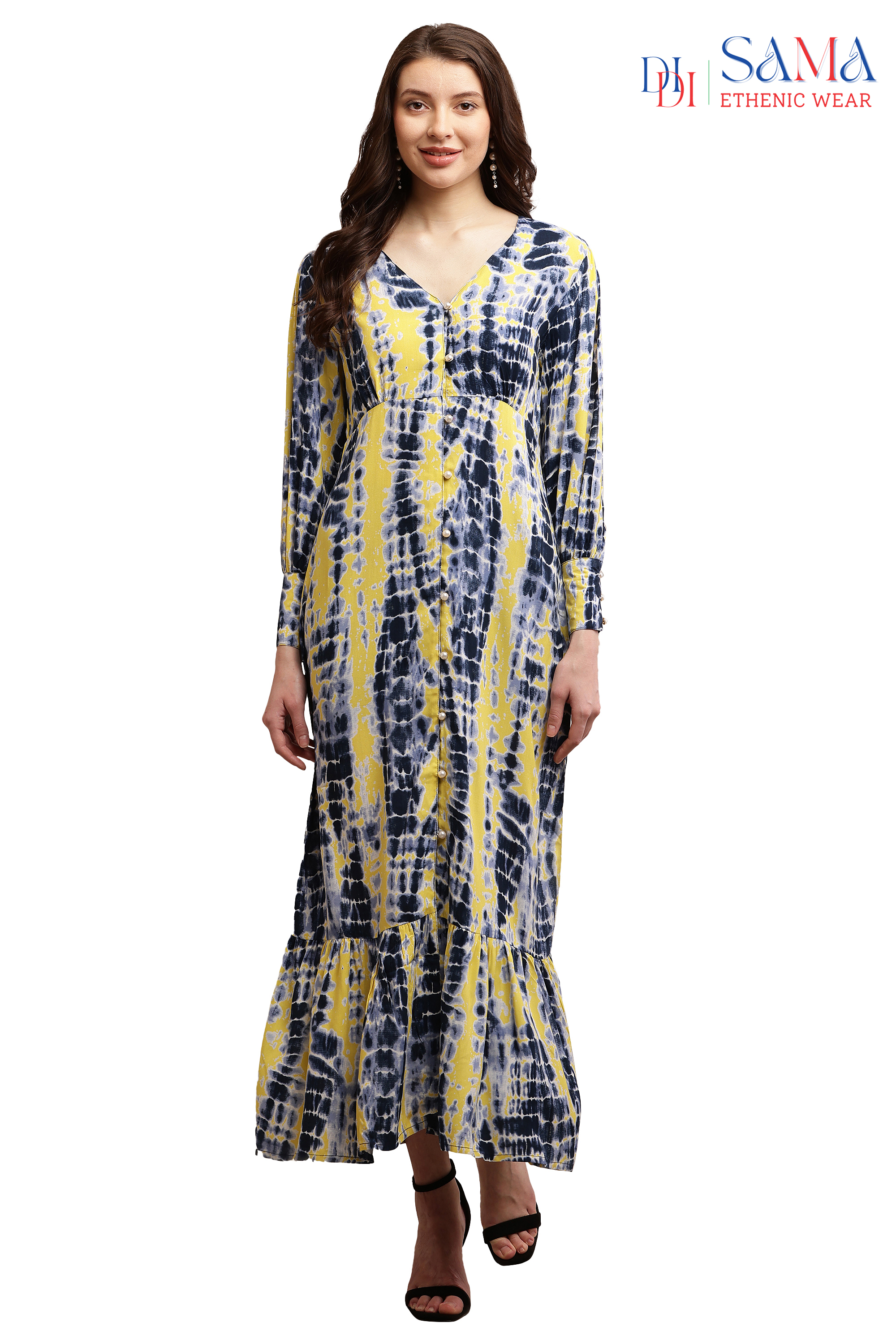 Tie Dye Printed Long Western Dress 