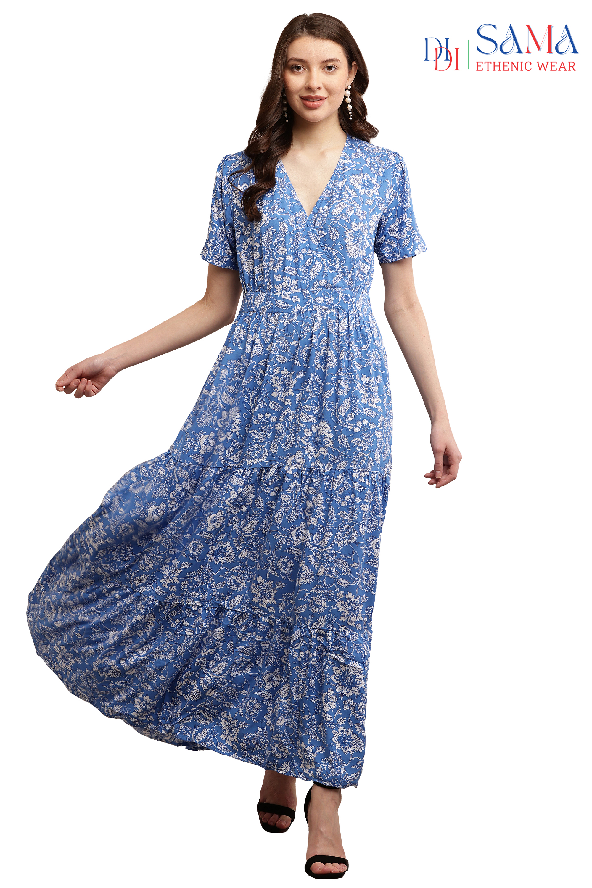 V-Neck Floral Printed Western Dress 