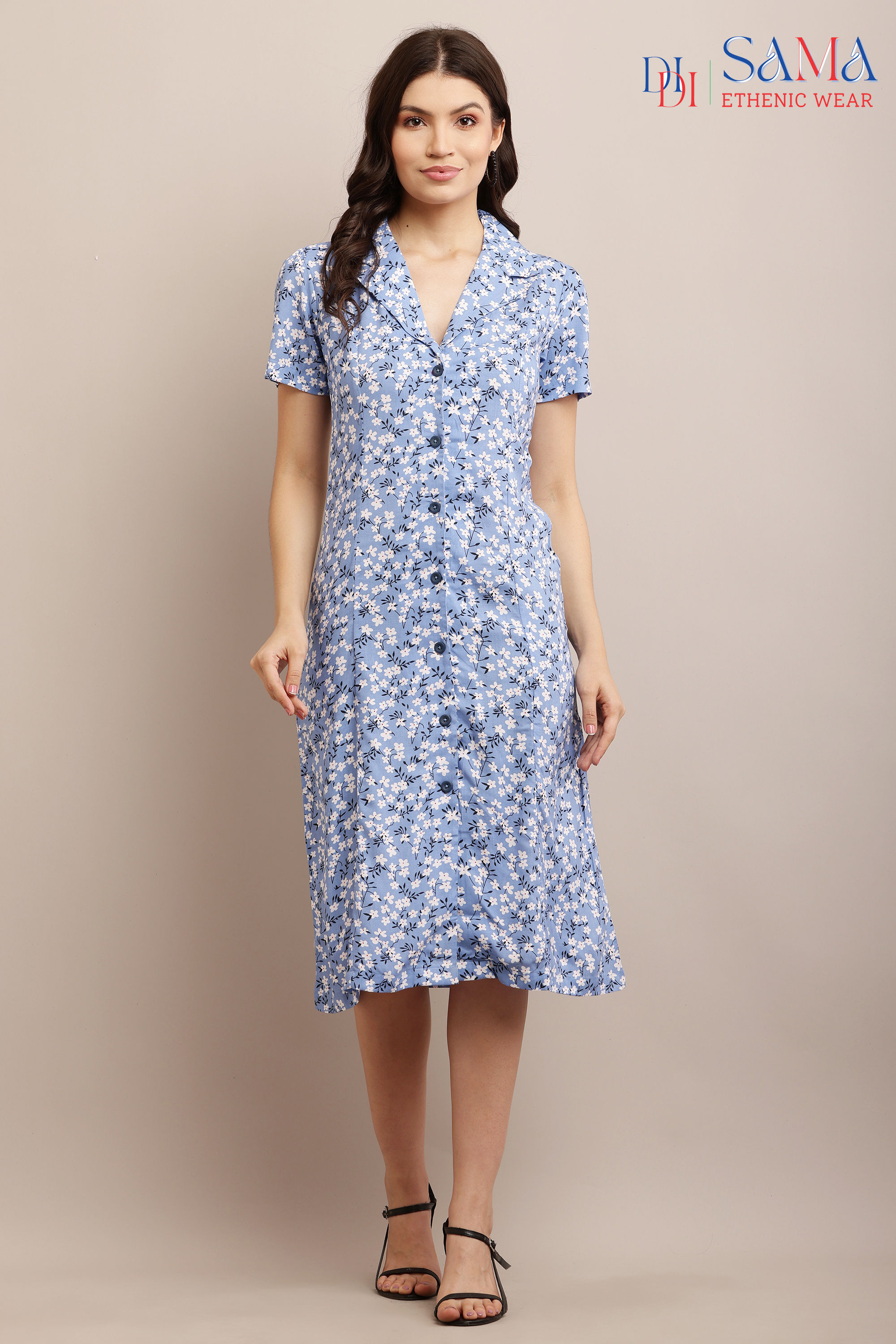 Blue Floral Printed Western Dress 